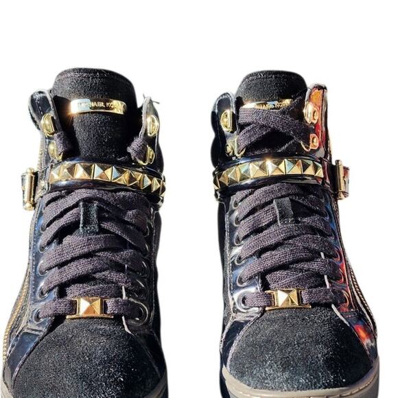 Michael Kors Glam Studded Patent Leather Distressed Hi-Top Sneakers 7 - Picture 4 of 10